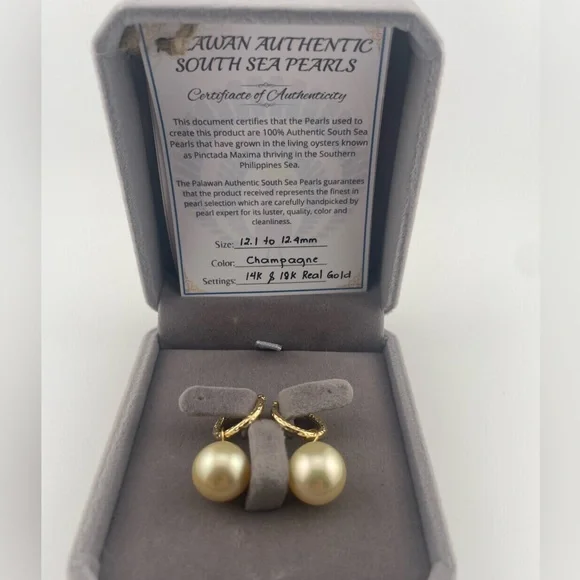 18K Gold Huggie Earrings with Champagne South Sea Pearl Drops 12mm - Picture 9 of 16